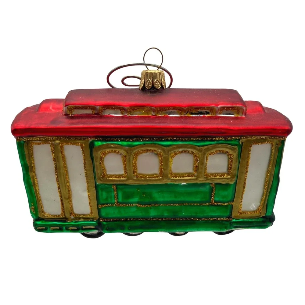 Glass Trolley Car Christmas tree Ornament Red Green Gold Glitter Train San Fran